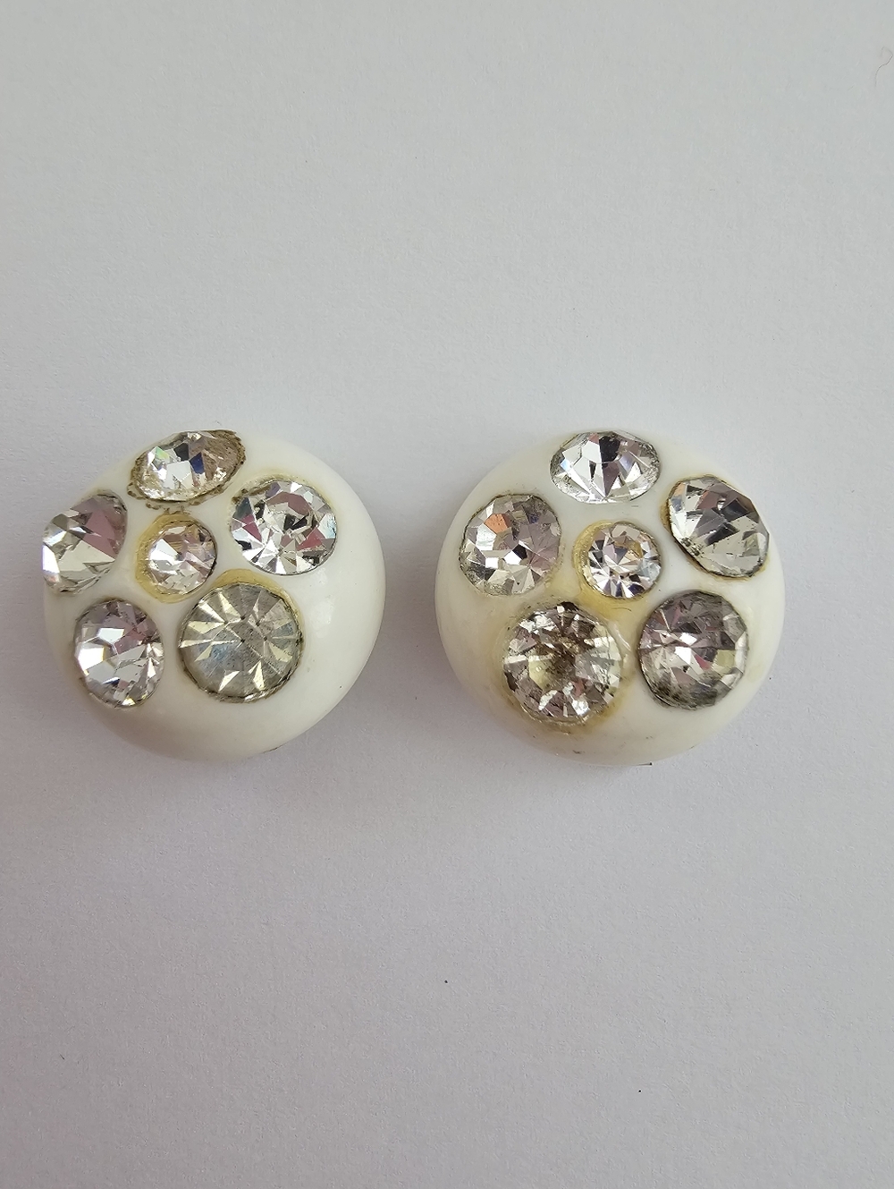 Vintage 1950s Opaque White Lucite & Rhinestone Button Clip-Ons